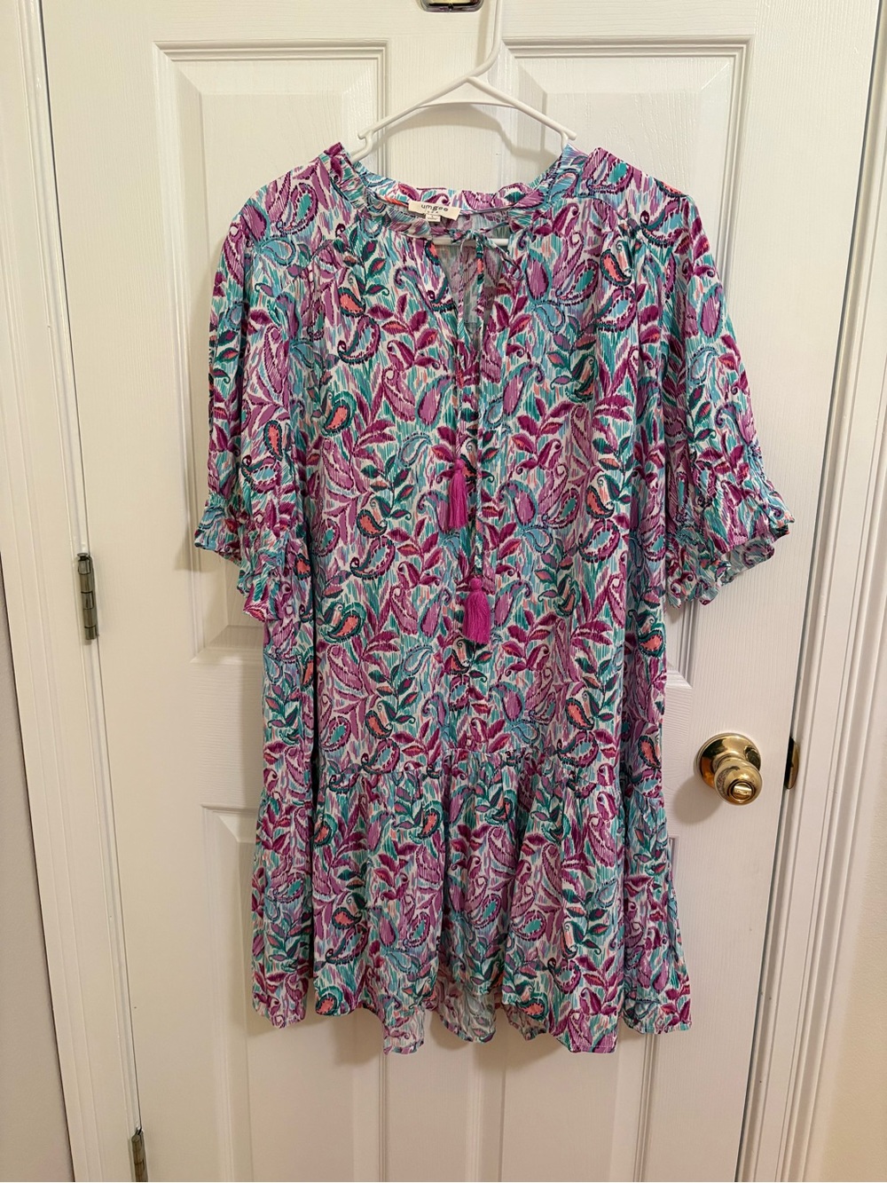 Umgee USA C3771 Dress L Purple Teal Paisley Boho Tassel Ruffle Sleeve Mini